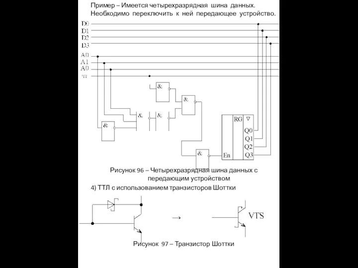 Пример – Имеется четырехразрядная шина данных. Необходимо переключить к ней передающее