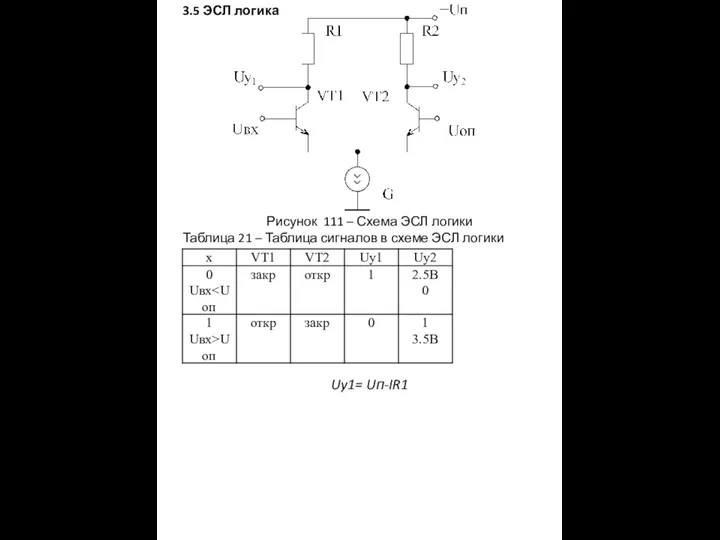 3.5 ЭСЛ логика Рисунок 111 – Схема ЭСЛ логики Таблица 21
