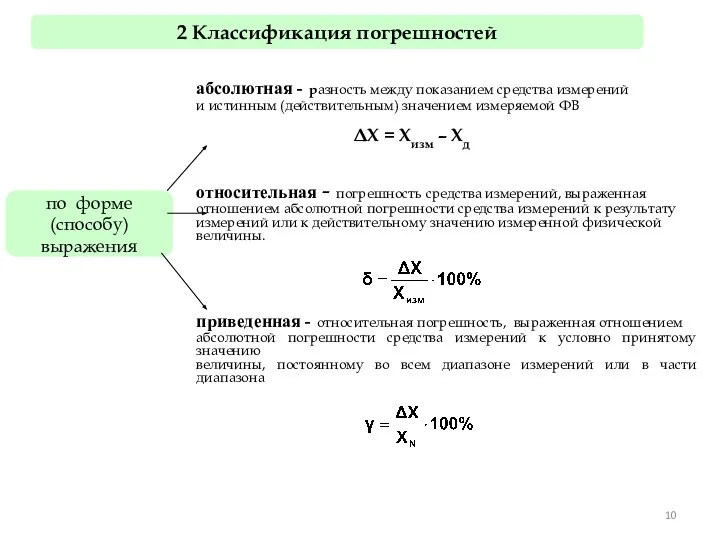 2 Классификация погрешностей по форме (способу) выражения абсолютная - разность между