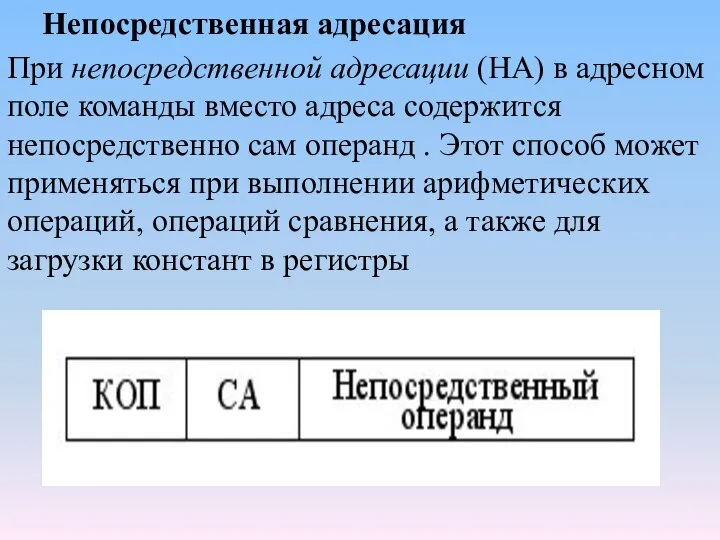 Непосредственная адресация При непосредственной адресации (НА) в адресном поле команды вместо