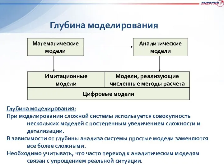 Глубина моделирования Глубина моделирования: При моделировании сложной системы используется совокупность нескольких