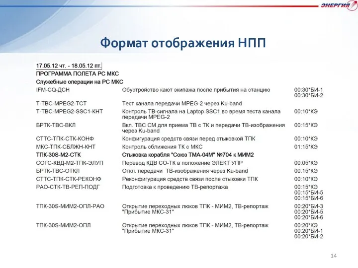 Формат отображения НПП