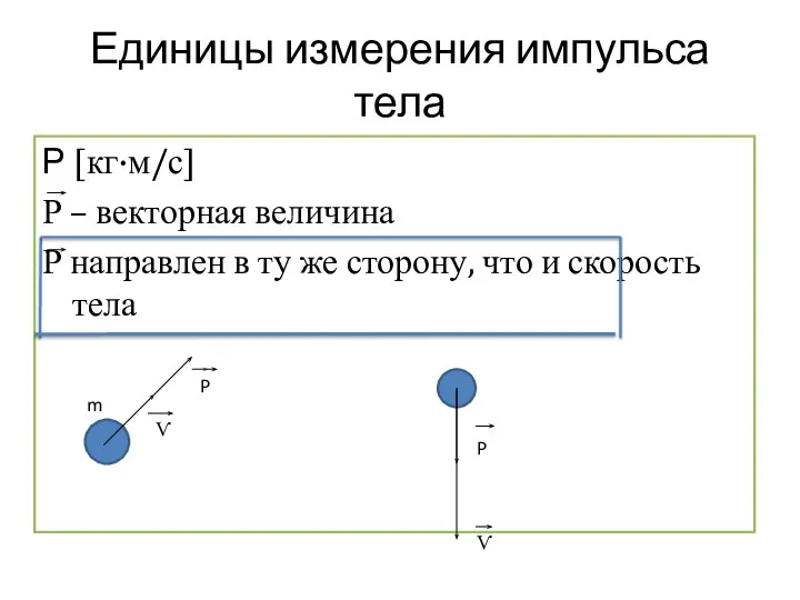 Единицы измерения импульса тела Р [кг·м/с] Р – векторная величина Р