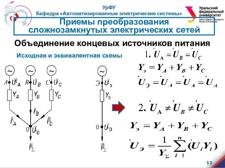 Объединение концевых источников питания Приемы преобразования сложнозамкнутых электрических сетей Исходная и эквивалентная схемы