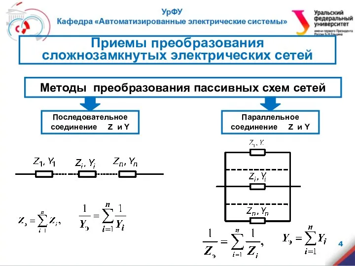 Методы преобразования пассивных схем сетей Последовательное соединение Z и Y Параллельное