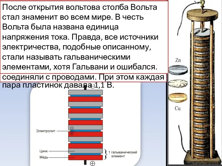 Для этого, в 1799 г. Вольта изготовил первую электрическую батарею, названную