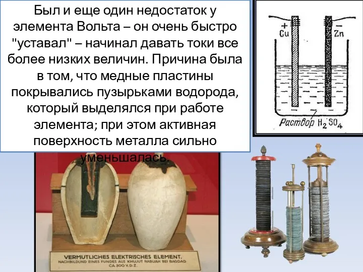 Все гальванические элементы того времени содержали жидкий электролит: раствор серной кислоты,