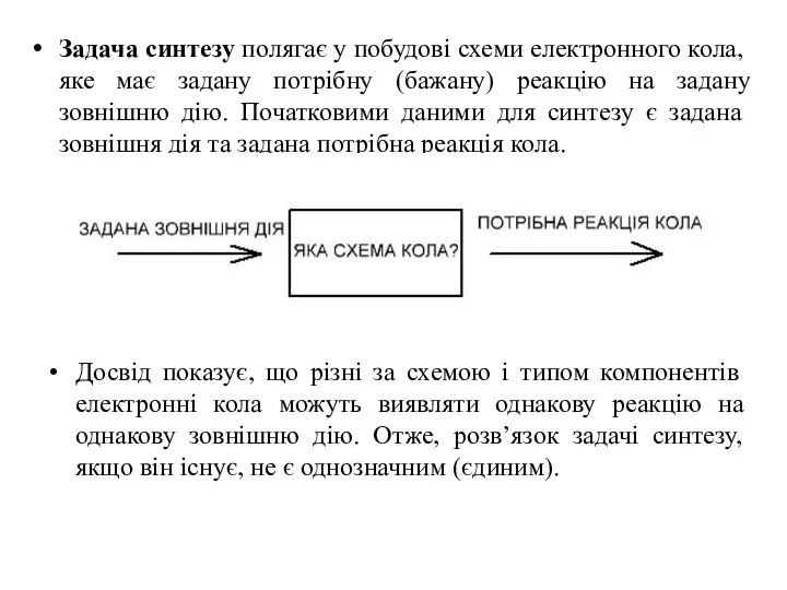 Задача синтезу полягає у побудові схеми електронного кола, яке має задану