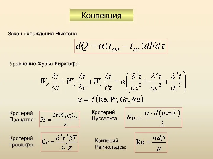 Конвекция Закон охлаждения Ньютона: Уравнение Фурье-Кирхгофа: Критерий Прандтля: Критерий Грасгофа: Критерий Нуссельта: Критерий Рейнольдса: