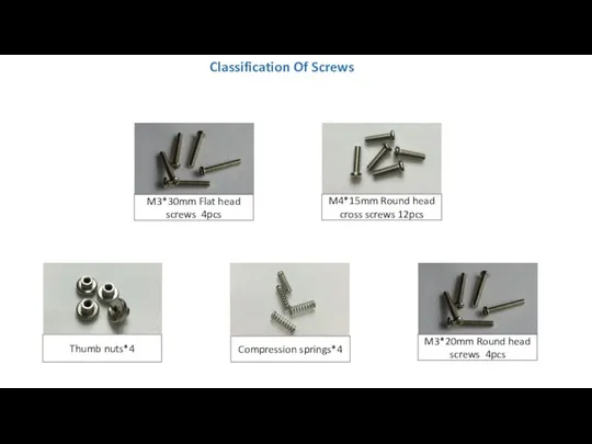 M4*15mm Round head cross screws 12pcs Compression springs*4 Thumb nuts*4 Classification
