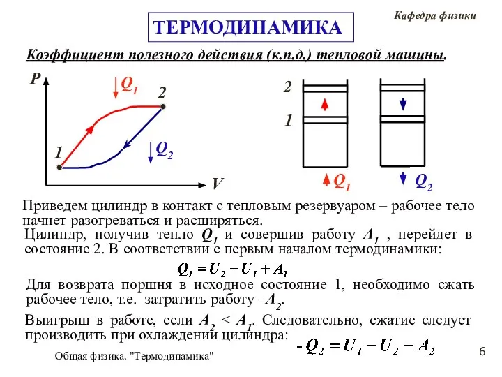 Общая физика. "Термодинамика" Коэффициент полезного действия (к.п.д.) тепловой машины. 1 2