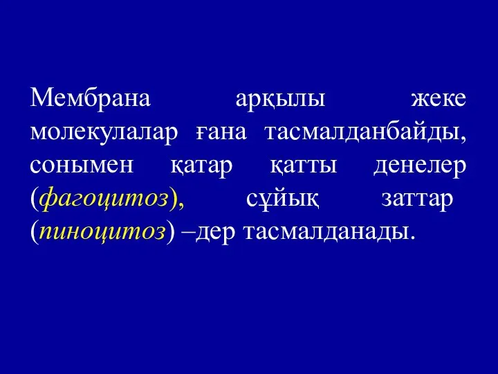 Мембрана арқылы жеке молекулалар ғана тасмалданбайды, сонымен қатар қатты денелер (фагоцитоз), сұйық заттар (пиноцитоз) –дер тасмалданады.