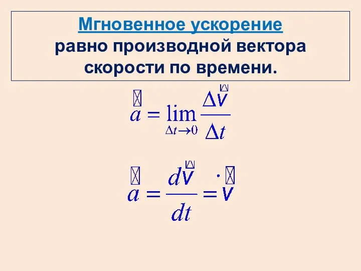 Мгновенное ускорение равно производной вектора скорости по времени.