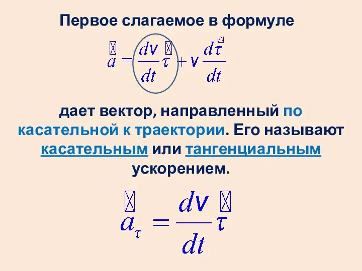 Первое слагаемое в формуле дает вектор, направленный по касательной к траектории.