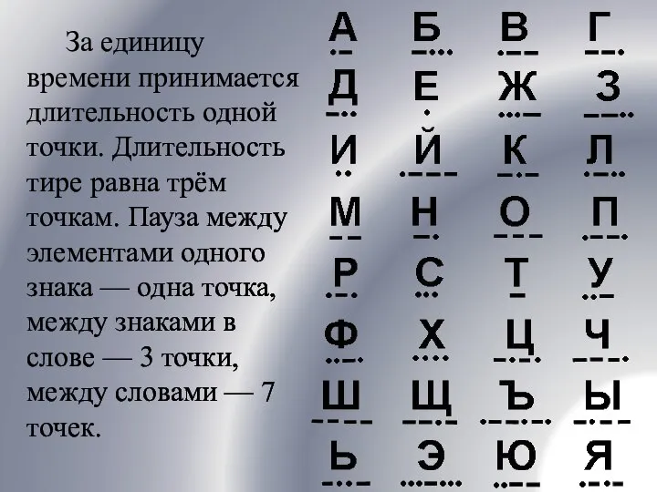 За единицу времени принимается длительность одной точки. Длительность тире равна трём