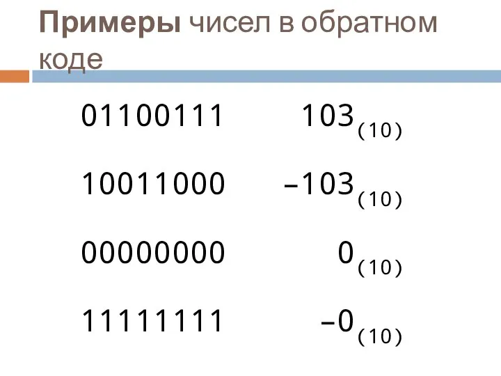 Примеры чисел в обратном коде 01100111 103(10) 10011000 –103(10) 00000000 0(10) 11111111 –0(10)