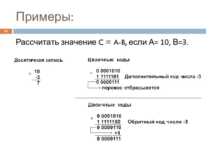 Примеры: Рассчитать значение C = A-B, если А= 10, В=3.