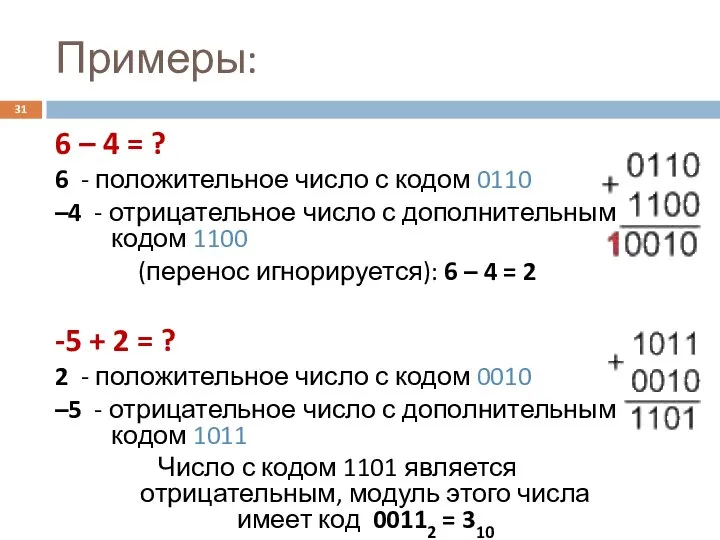 Примеры: 6 – 4 = ? 6 - положительное число с