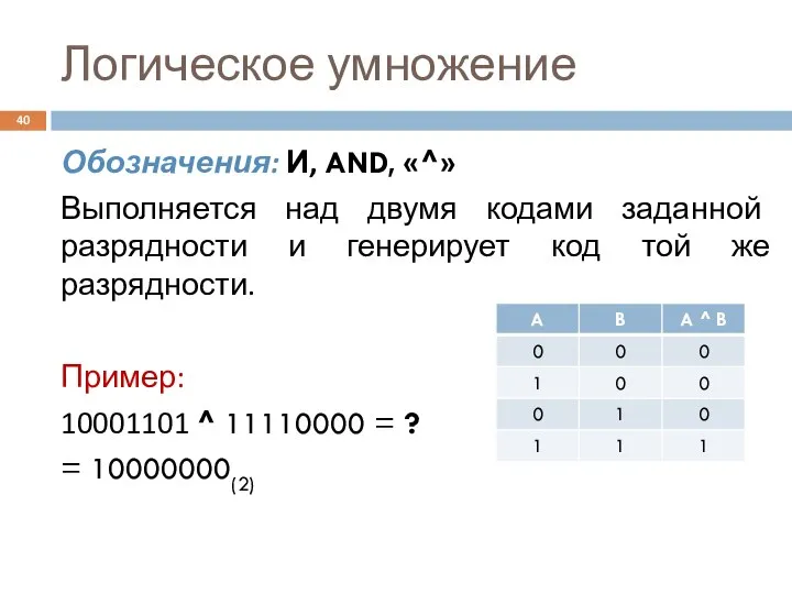 Логическое умножение Обозначения: И, AND, «^» Выполняется над двумя кодами заданной