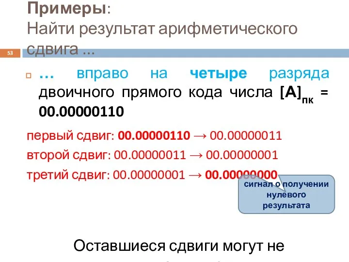 Примеры: Найти результат арифметического сдвига ... … вправо на четыре разряда