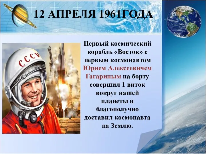 12 АПРЕЛЯ 1961ГОДА Первый космический корабль «Восток» с первым космонавтом Юрием