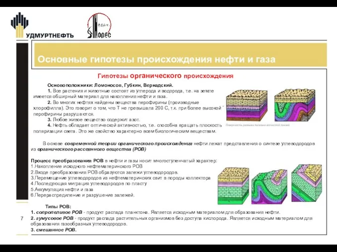 Основные гипотезы происхождения нефти и газа Гипотезы органического происхождения Основоположники: Ломоносов,