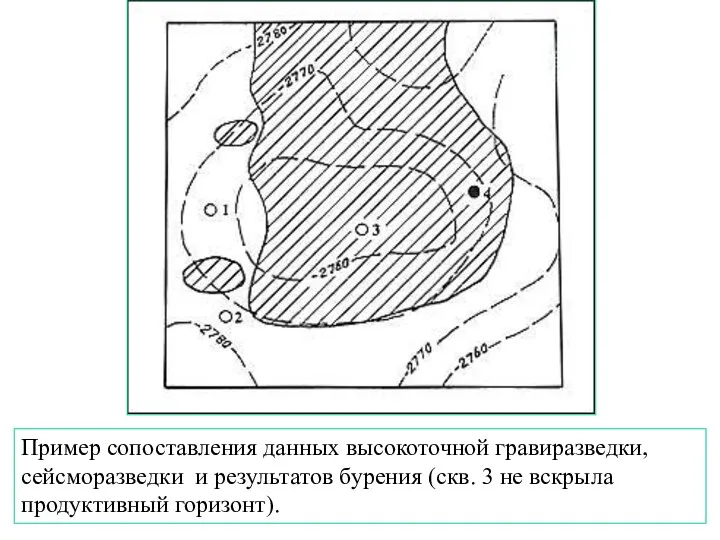 Пример сопоставления данных высокоточной гравиразведки, сейсморазведки и результатов бурения (скв. 3 не вскрыла продуктивный горизонт).