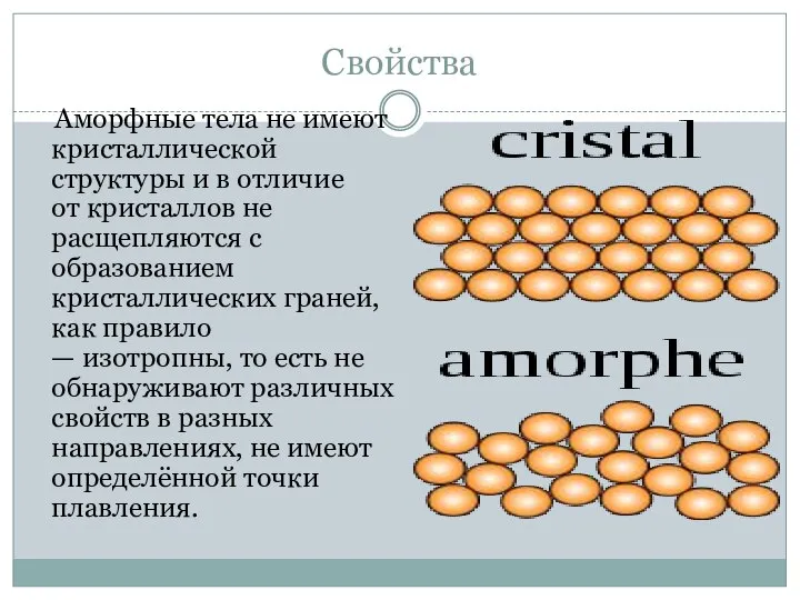 Свойства Аморфные тела не имеют кристаллической структуры и в отличие от