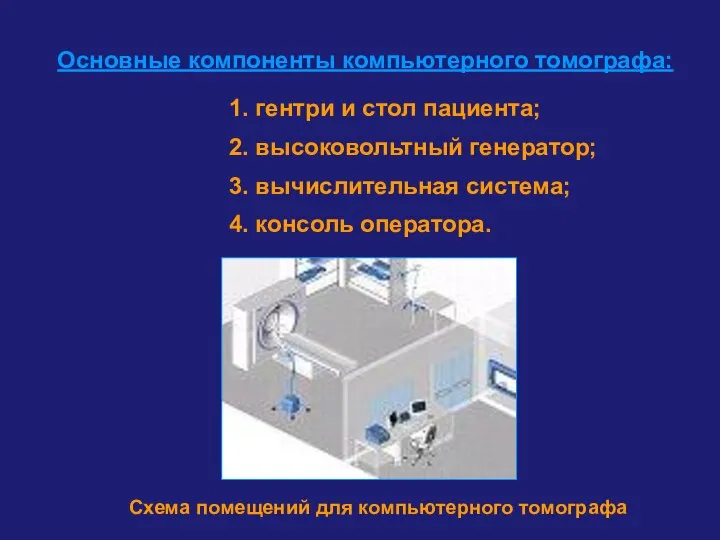 Основные компоненты компьютерного томографа: 1. гентри и стол пациента; 2. высоковольтный