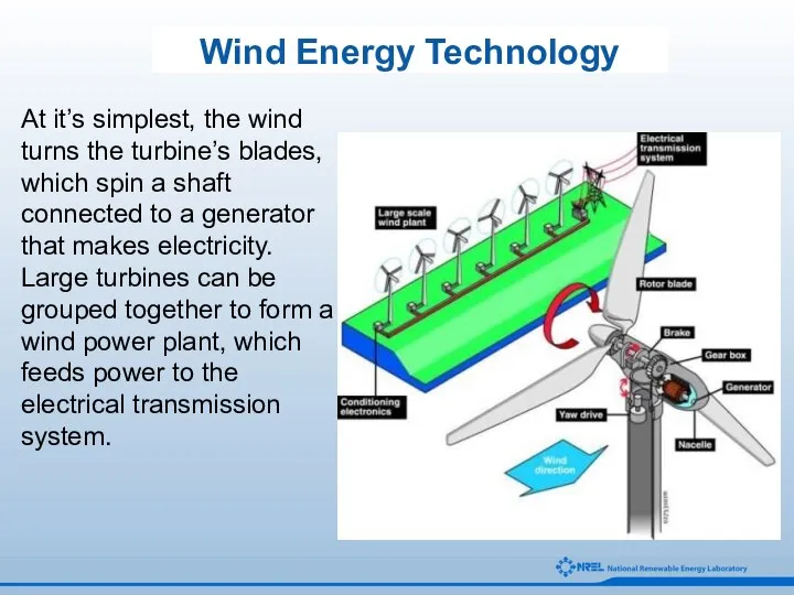 Wind Energy Technology At it’s simplest, the wind turns the turbine’s