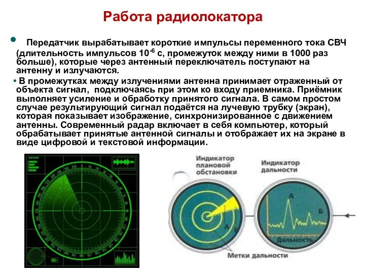 Работа радиолокатора Передатчик вырабатывает короткие импульсы переменного тока СВЧ (длительность импульсов