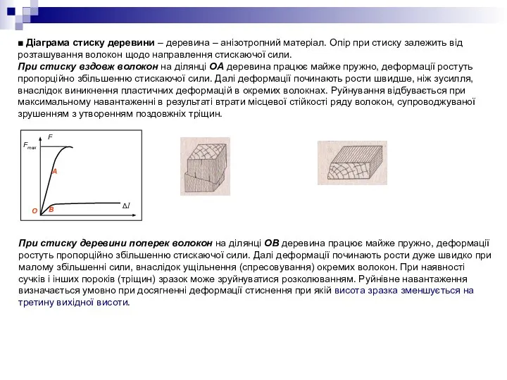 ■ Діаграма стиску деревини – деревина – анізотропний матеріал. Опір при