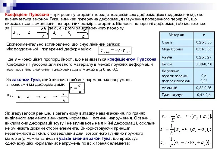 Коефіцієнт Пуассона - при розтягу стержня поряд з поздовжньою деформацією (видовженням),