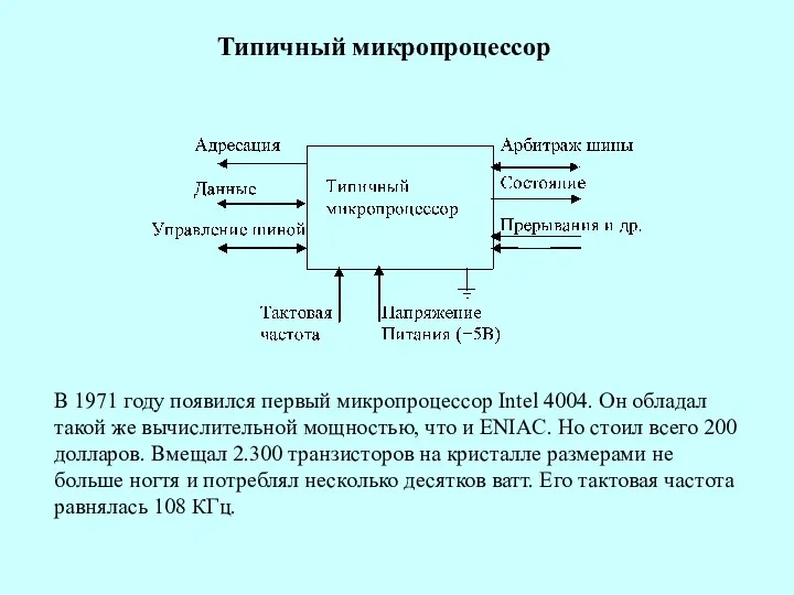 Типичный микропроцессор В 1971 году появился первый микропроцессор Intel 4004. Он