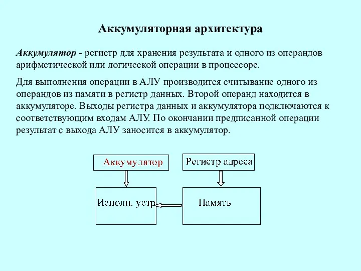 Аккумуляторная архитектура Аккумулятор - регистр для хранения результата и одного из