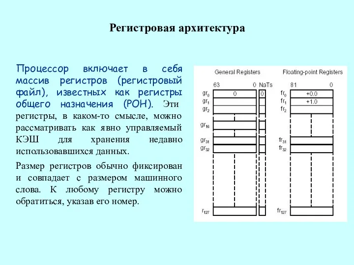 Регистровая архитектура Процессор включает в себя массив регистров (регистровый файл), известных