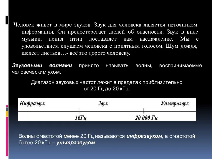 Человек живёт в мире звуков. Звук для человека является источником информации.