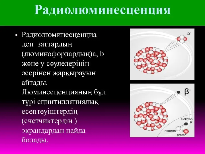 Радиолюминесценция Радиолюминесценциа деп заттардың (люминофорлардың)a, b және y сәулелерінің әсерінен жарқырауын