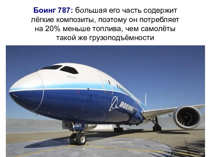 Боинг 787: большая его часть содержит лёгкие композиты, поэтому он потребляет