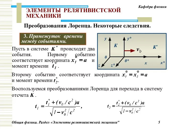 ЭЛЕМЕНТЫ РЕЛЯТИВИСТСКОЙ МЕХАНИКИ 3. Промежуток времени между событиями. Преобразования Лоренца. Некоторые следствия.