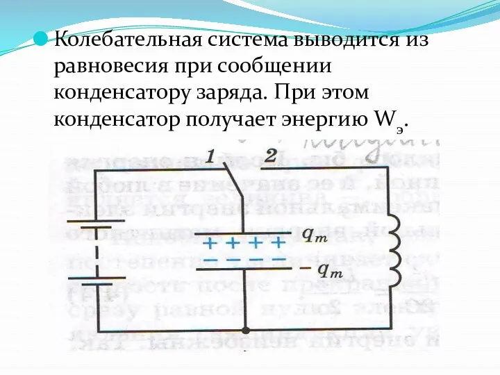 Колебательная система выводится из равновесия при сообщении конденсатору заряда. При этом конденсатор получает энергию Wэ.