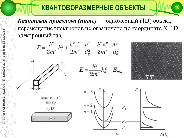 КВАНТОВОРАЗМЕРНЫЕ ОБЪЕКТЫ Квантовая проволока (нить) — одномерный (1D) объект, перемещение электронов