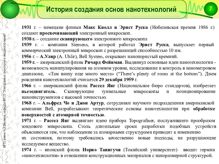 История создания основ нанотехнологий 1931 г. – немецкие физики Макс Кнолл