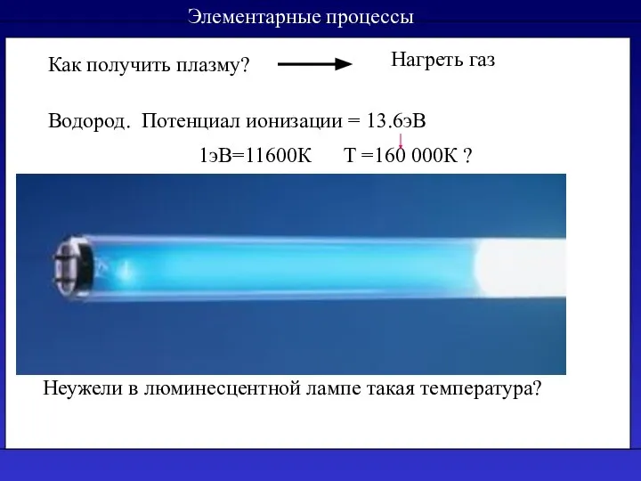 Как получить плазму? Нагреть газ Водород. Потенциал ионизации = 13.6эВ 1эВ=11600К