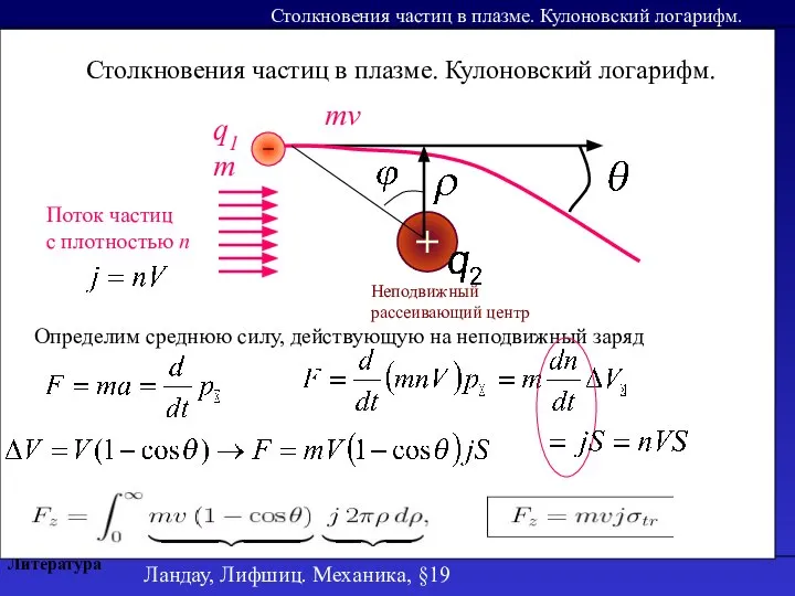 Литература Столкновения частиц в плазме. Кулоновский логарифм. Столкновения частиц в плазме.