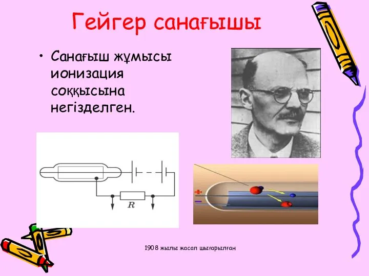 Гейгер санағышы Санағыш жұмысы ионизация соққысына негізделген. 1908 жылы жасап шығарылған