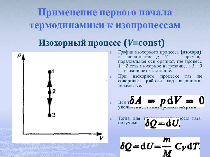 Применение первого начала термодинамики к изопроцессам Изохорный процесс (V=const) График изохорного