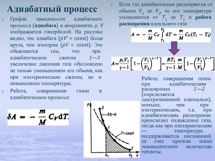 Адиабатный процесс График зависимости адиабатного процесса (адиабата) в координатах р, V