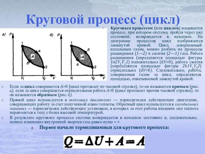 Круговой процесс (цикл) Если за цикл совершается A>0 (цикл протекает по