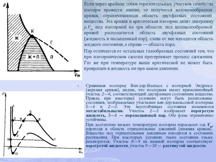 Сравнивая изотерму Ван-дер-Ваальса с изотермой Эндрюса (верхняя кривая), видим, что последняя